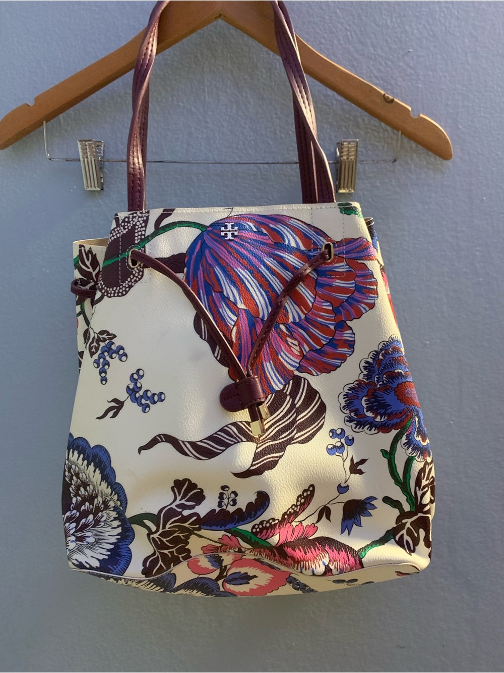 Tory Burch Floral Drawstring Bucket Bag - Purple/White/Multi
